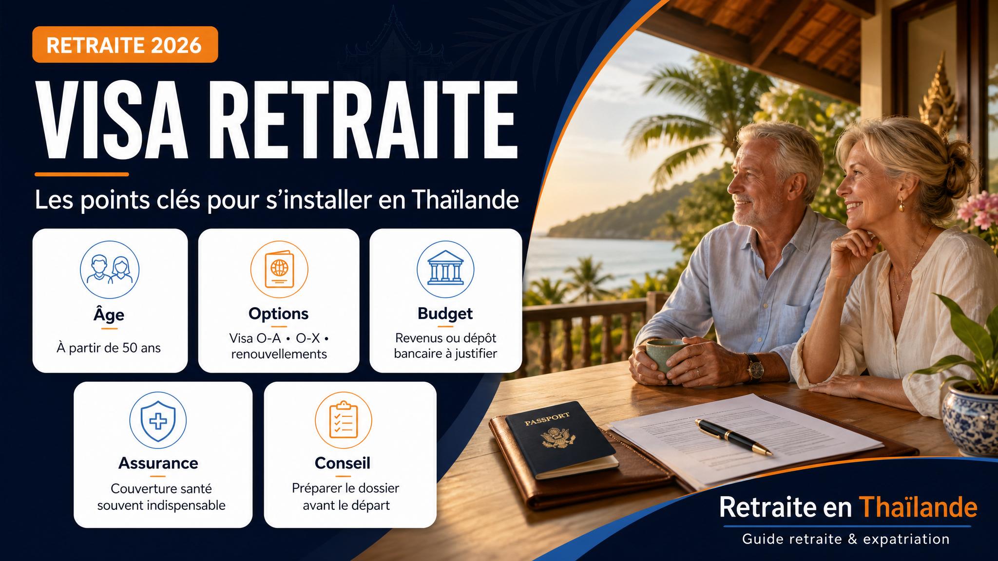 Infographie visa retraite Thaïlande 2026 : options, budget, assurance et dossier